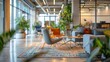 © CLOVER BACKGROUND - Modern Biophilic Office Design: A spacious and inviting coworking space filled with natural light and lush greenery, featuring comfortable seating areas for collaboration and relaxation.