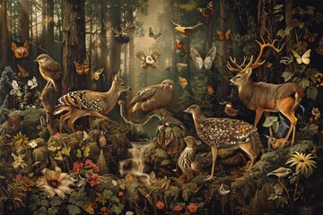 Wall Mural - Various animals and birds interact in a forest setting in a detailed painting, Express the interconnectedness of all living things in the wilderness