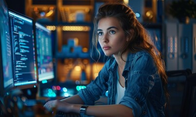 Female Software Engineer Writing Code on Desktop Computer with Multiple Screens Setup in Stylish Coworking Office Space. Professional Caucasian Woman Working on SaaS Platform Innovative, Generative AI