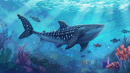 Design an awe-inspiring copy space background for International Whale Shark Day, featuring majestic whale shark illustrations, oceanic landscapes, and conservation