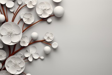 Wall Mural - White Paper Flower Branch on a Gray Background