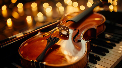 An elegant violin rests on a piano surrounded by soft candlelight, creating a warm and inviting atmosphere for music lovers.