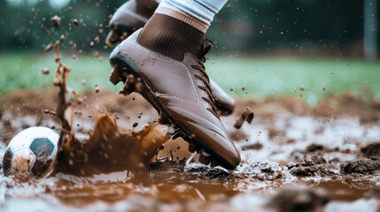 Sticker - Foot wearing brown soccer boot shoes, kicking ball on mud field