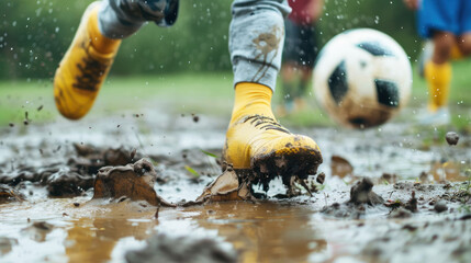 Sticker - Foot wearing yellow soccer boot shoes, kicking ball on mud field