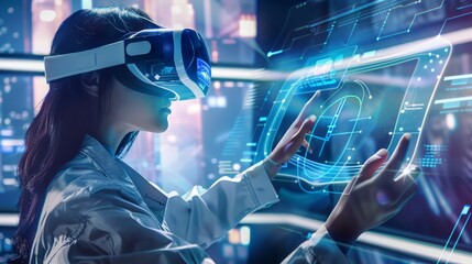Woman in Virtual Reality Headset Interacting with Holographic Interface