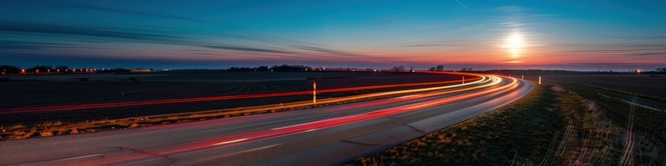 Wall Mural - A scenic long exposure of a rural road at night during a full moon, with sparse light trails from cars, highlighting the quiet and isolated setting