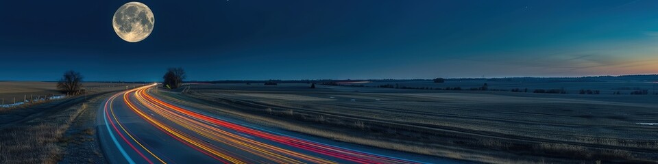 Wall Mural - A scenic long exposure of a rural road at night during a full moon, with sparse light trails from cars, highlighting the quiet and isolated setting