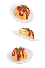 Poster - Omurice with ketchup sauce in a plate on a white isolated background