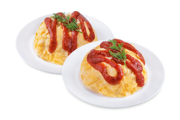 Wall Mural - Omurice with ketchup sauce in a plate on a white isolated background