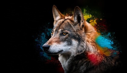 Wall Mural - Young Wolf on a Black Background with color Splashes