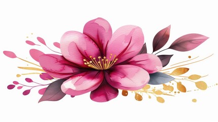 Poster - A delicate pink rose in watercolor, elegantly outlined with golden line art, creating a stunning floral piece for any decor.