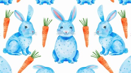 Canvas Print - Delightful watercolor pattern featuring charming bunny characters with carrots on a crisp white background, perfect for any decor.