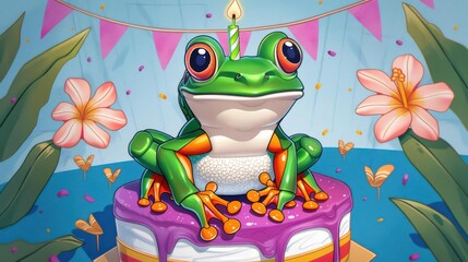 Sticker - Celebrate with a joyful frog and flower Perfect for a cheerful birthday greeting in vibrant watercolor style.