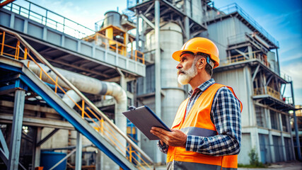 Industrial Worker Inspecting Plant with Clipboard.