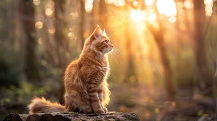 Wall Mural - Close up photo of an endearing cat seated on wood amid stunning sunrise in a forest