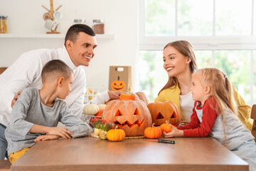 Sticker - Happy family with Halloween pumpkins in kitchen