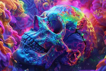 Sticker - A Neon Skull Submerged in Liquid with Swirling Colors