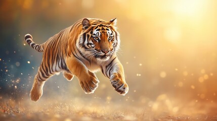 A majestic tiger jumping, isolated on a bright background. The natural sunlight 