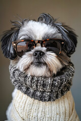 Canvas Print - A small dog wearing a sweater and sunglasses