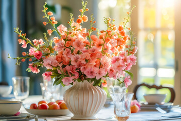 A vase filled with pink flowers sitting on top of a table