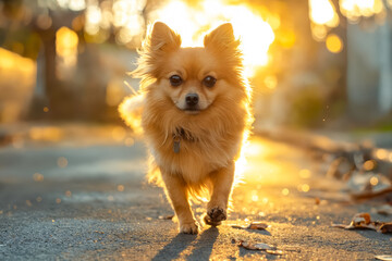 Poster - A small dog running down a street at sunset