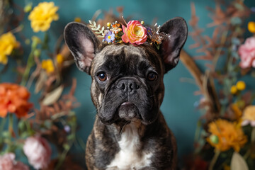 Poster - A dog with a flower crown on its head sitting in front of flowers