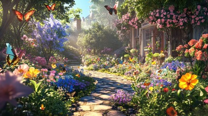 A lifelike image of a garden in full bloom, with a variety of flowers, butterflies fluttering, and a gardener tending to the plants, showcasing the beauty of nature in a residential setting 