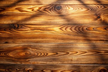 Wall Mural - Warm brown wooden hardwood timber surface with intricate natural grain pattern, rustic texture, and subtle shadows, ideal as a background or flooring element.