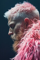 Poster - A man with pink feathers on his head and a beard