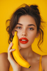 Poster - A woman holding a banana in front of her face