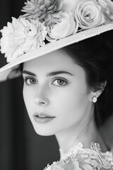 Canvas Print - A woman wearing a white hat with flowers on it.