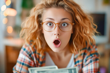 Poster - A woman with glasses holding a stack of money in front of her face