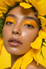 Wall Mural - A woman with a sunflower crown on her head.