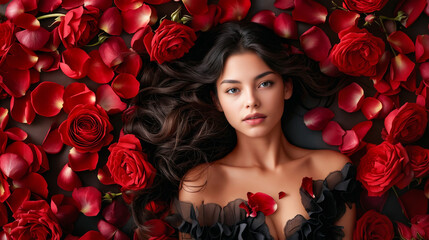 Sticker - A woman laying on top of a bed of red roses.