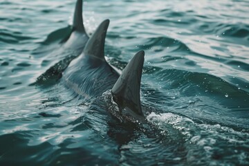 Wall Mural - Two dolphins gracefully swim in the ocean, their fins cutting through the water with precision, Fins cutting through the water with precision