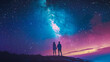© Bartek - Young Couple Holding Hands Under Milky Way Galaxy Night Sky, Romantic Starry Landscape, Digital Illustration Painting, Love and Adventure Amidst Stars, Dreamy Cosmic Scene