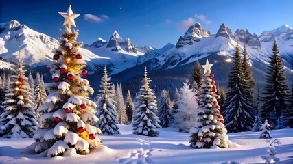 Holiday background featuring winter trees in snow covered mountains Enchanting winter scenery.  Mountains and serene winter trees. Perfect for seasonal designs 