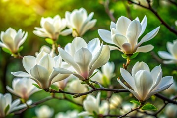 Wall Mural - Vibrant white magnolia blooms majestically against a lush backdrop of dark green foliage on a serene spring day, exuding elegance and seasonal charm.