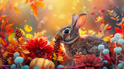 A charming rabbit surrounded by colorful autumn flowers and leaves, symbolizing the beauty of fall and nature's transition.