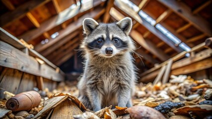 adorable american raccoon with a mischievous face and bandit mask stands amidst destroyed attic insu
