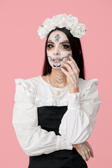 Sticker - Beautiful young woman dressed as dead bride for Halloween party on pink background