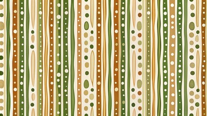 Wall Mural - Vibrant abstract seamless pattern featuring hand-drawn vertical stripes and dots in earthy green, beige, and brown hues on a crisp white background.