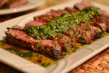 Poster - A flat iron steak topped with pesto sauce served on a white plate, Flat iron steak with a chimichurri sauce