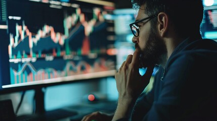 A person studies stock market trends displayed on multiple monitors in a contemporary workspace during late evening hours