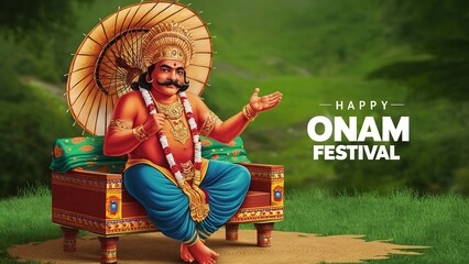 Wall Mural - Illustration of mahabali holding umbrella in their hand at the event of onam.. Generative ai.