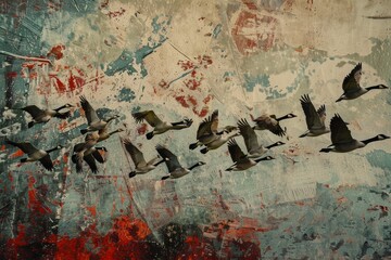 Sticker - A painting depicting a flock of geese flying together in the air, Flocks of geese flying south for the winter