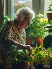 Wall Mural - Older Woman Tending Plants on Window Sill