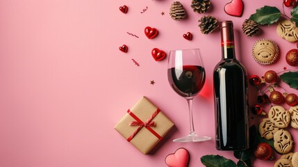 Poster - Valentine s Day Composition with Wine Glass Cookies and Gift on Pink Background