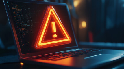  System hacked or mass tech outages worldwide causing IT systems to shut down due to system error of software with error triangle and exclamation mark on laptop