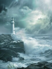 Wall Mural - Stormy Ocean Lighthouse